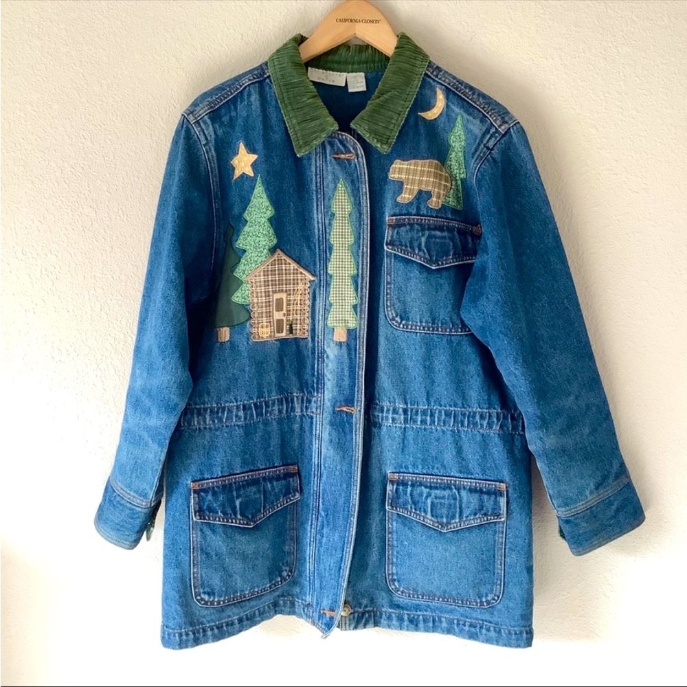 VINTAGE Denim Embroidered Chore Coat Jacket Cottagecore Cabin Woods Novelty